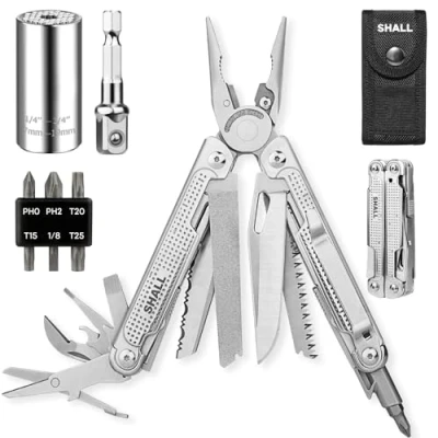 Immagine di SHALL Multi Tool, pinze multiuso 18 in 1, coltellino tascabile acciaio inossidabile con punta per cacciavite e bussola universale, campeggio, pesca, sopravvivenza, caccia