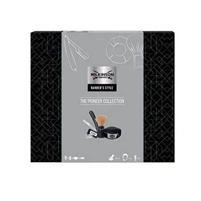 Immagine di Wilkinson Sword Barber&#039;s Style Confezione Regalo The Pioneer Collection Contiene 1 Rasoio Tradizionale a Mano Libera, 5 Lame Doppio Taglio, Spazzola da Barba e Sapone in ciotola