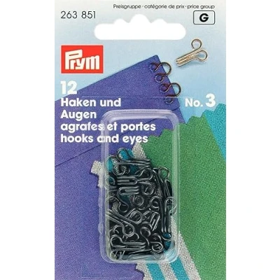 Immagine di Prym Ganci a 3 occhielli e ottone, confezione, colore: nero, Poliuretano, Nr. 3, groß, schwarz, 12 Stück, Unità