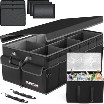 Immagine di FORTEM Organizer per Bagagliaio Auto con Frigo, Pieghevole Multi Scomparto e SUV, Fondo Antiscivolo, Cinghie Regolabili, Coperchio (Nero, Extra Grande)