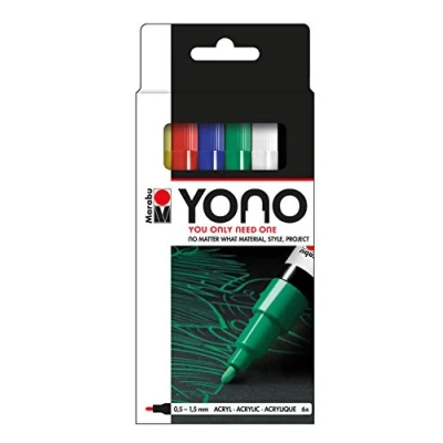 Immagine di Marabu Yono 019, 125, 053, 067, 070, 073, confezione da 6 pennarelli con punta fine (0,5 1,5 mm), colore: giallo, ciliegia, blu scuro, verde intenso, bianco, nero