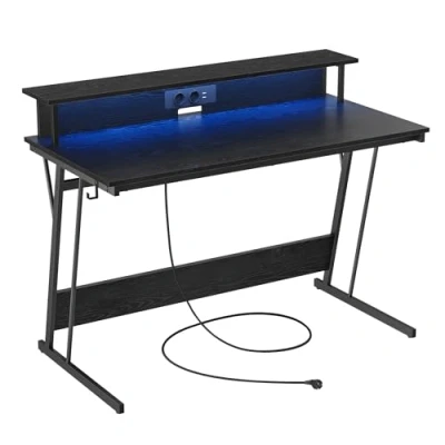 Immagine di VASAGLE Scrivania da Gaming con Luci LED e Prese di Corrente, Computer, Supporto per Monitor, Tavolo 2 Ufficio, Camera Letto, 60 x 120 76 cm, Nero Ebano LWD192B56