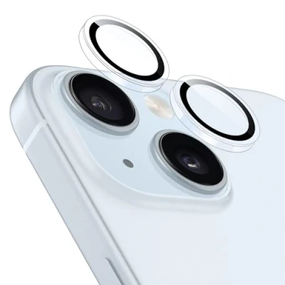 Immagine di ESR Protezioni per le lenti della fotocamera iPhone 15/15 Plus, individuali l&#039;obiettivo, Vetro temperato ultrasottile antigraffi con bordi in alluminio, 1 set, Trasparente