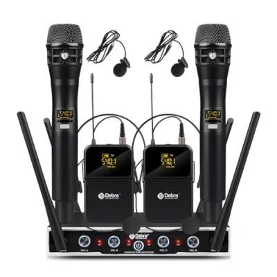 Immagine di D Debra Audio Sistema di Microfoni senza fili Pro DU4004 UHF 4 * 16 canali regolabili auricolari lavalier palmari fili, ideali per riunioni Chiesa Discorso Festa (2 Palmare 2 Bodypack)