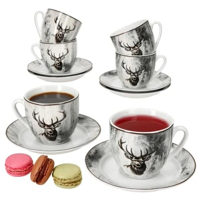 Immagine di MamboCat Alois Set di tazze da caffè con piattini per 6 persone, in porcellana decorazione a cervo, colazione e caffè, tè 200 ml