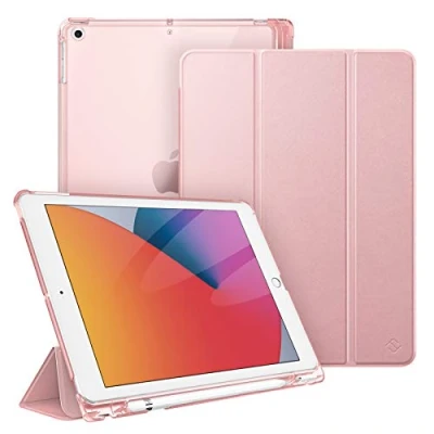 Immagine di FINTIE Custodia per iPad 10.2 Pollici 9a / 8a 7a Generazione (2021 2020 2019) con Built in Pencil Holder Sottile Leggero Semi Trasparente Cover Case Auto Sveglia/Sonno, Oro Rosa