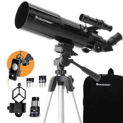 Immagine di Celestron 22030 Travel Scope Telescopio rifrattore portatile con obiettivo 80mm, ottica in vetro completamente rivestita, pacchetto software di astronomia bonus e adattatore smartphone per digiscopia