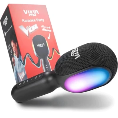 Immagine di Vieta Pro Microfono senza fili con altoparlante per Karaoke True Wireless. Bluetooth, 10 ore di batteria, trasmettitore FM e effetti luce suono. Micro Party La Voce Nero