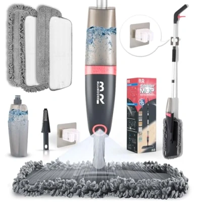 Immagine di spray in microfibra per la pulizia del pavimento, mocio asciutto e umido cucina, pavimenti legno, laminato, piastrelle di ceramica, set a 360 gradi con 3 teste ricambio