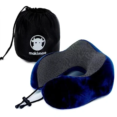 Immagine di cuscino da viaggio in memory foam, per il collo con supporto la testa a 360 gradi, comodo e leggero, ideale dormire aereo, auto, treno, autobus uso domestico, Blu