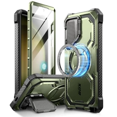 Immagine di i Blason Armorbox Custodia MagSafe per Samsung Galaxy S24 Ultra, con supporto fotocamera, caricabatterie wireless, 360 gradi, pellicola protettiva e cavalletto, colore: verde