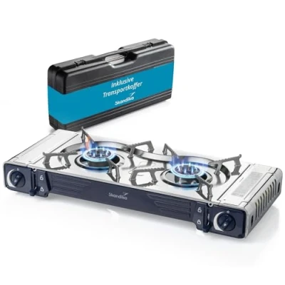 Immagine di Skandika fornello a gas Brann robusto da campeggio per cartucce gas, valigetta, acciaio inox, regolazione continua, accenditore piezoelettrico (2 fiamme)