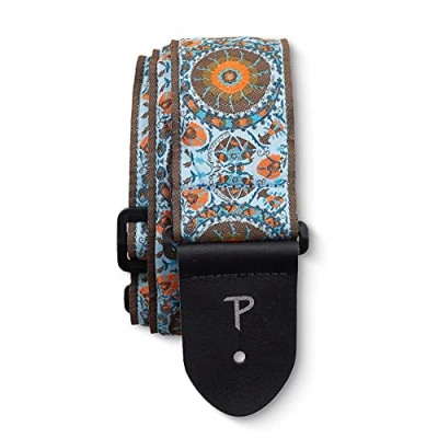 Immagine di Perri&#039;s Leathers Ltd. Tracolla Per Chitarra Nylon Jacquard Mandala Blu/Arancione Regolabile Chitarre Acustiche/Elettriche/Bassi Fabbricata in Canada (TWS 7143)