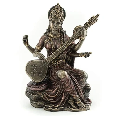 Immagine di Top collezione piccolo 14,6 cm Beautiful Saraswati Hindu dea della conoscenza e saggezza reale Premium in bronzo statuetta