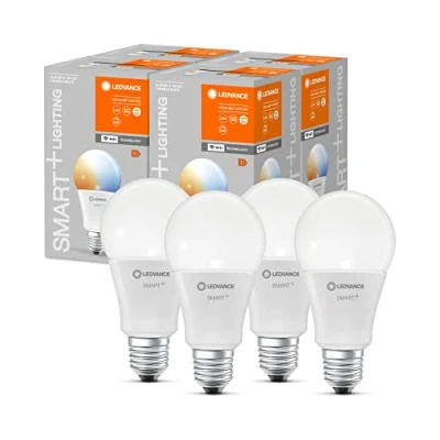 Immagine di LEDVANCE Lampada LED SMART+ WIFI, smerigliata, 14W, 1521lm, forma classica a goccia con E27, luce colorata e bianca, controllo tramite app o vocale, durata fino 20.000HR, confezione da 4