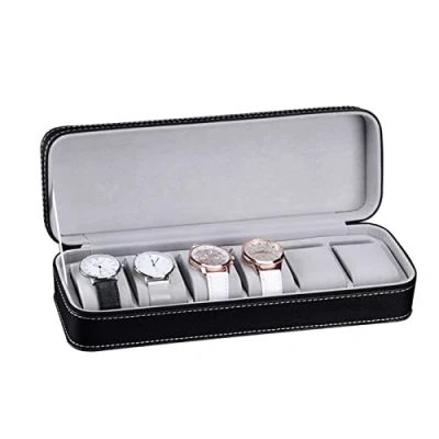 Immagine di Scatola Portaoggetti per Orologi Custodia Espositore Gioielli in Pelle PU Organizer Collezione di con Cerniera (6 Slots)