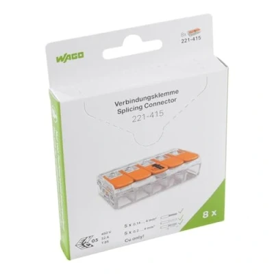 Immagine di WAGO Terminali di collegamento 221 415 5 poli, fino a 4 mm², connettori per cavi COMPACT con leva tutti i tipi conduttori in tutto il mondo, sicurezza delle applicazioni confermata, 8 pezzi