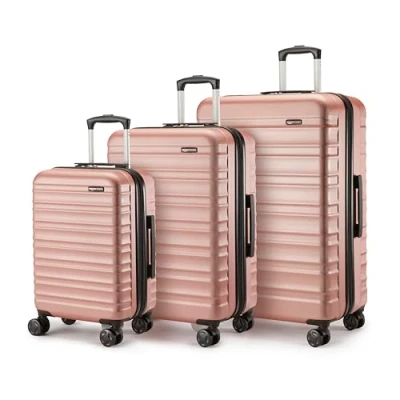Immagine di Amazon Basics Set di 3 Valigie Rigidi Espandibili (55, 68, 78 cm), Guscio in ABS Antigraffio, 4 Ruote Girevoli, Oro Rosa