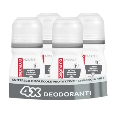 Immagine di Borotalco, Deodorante Roll On Invisibile Grigio, con Talco Effetto Barriera, Cattura e Non Trasferisce Aloni, 48h efficacia, Senza Alcool,Profumo Classico 4 Pezzi da 50 ml Esclusiva Amazon