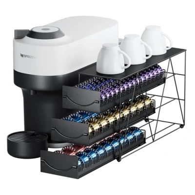 Immagine di HFHOME Cassetto porta cialde caffè per 90 Nespresso Vertuo, organizer a 3 livelli, supporto capsule in metallo con cassetti scorrevoli bancone cucina