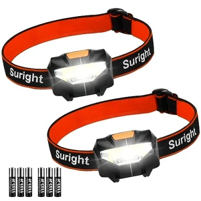 Immagine di Suright Torcia Frontale LED, Lampada da Testa Leggera(2 Pezzi),Super Luminosa con 3 modalità, Risparmio Energetico COB, Luce di per Bambini, Campeggio, Escursioni, Pesca(6 Batterie Incluse)