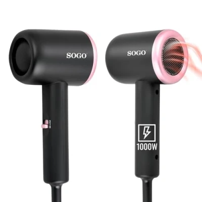 Immagine di Sogo Asciugacapelli Mini 1000 W con 2 modalità di velocità, compatto e potente, perfetto per i viaggi l&#039;uso quotidiano (SS 3710)