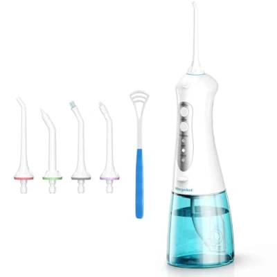 Immagine di Morpilot Idropulsore Dentale Portatile e Professionale, con 5 Ugelli di Ricambio, 300ml, 3 Modalità IPX7 Impermeabile Irrigatore Orale Idropulsore, USB Ricaricabile
