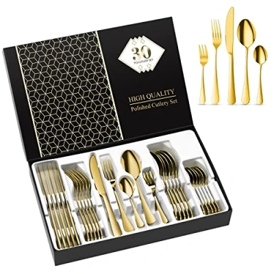 Immagine di Aoeeppa Set di Posate, 30 Pezzi per 6 Persone, Posate Acciaio Inox, Lucidate a Specchio, Ideali La Casa, Il Ristorante, Festa e Come Regalo, Lavabili in Lavastoviglie Antiruggine (Oro)
