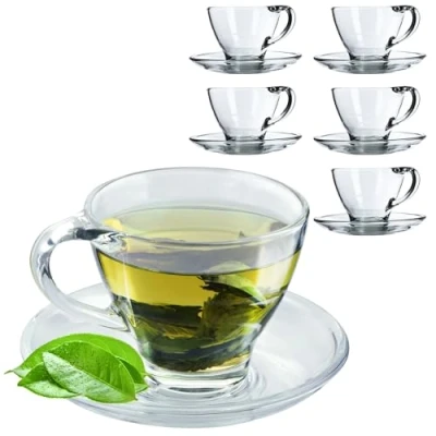 Immagine di KADAX tazza in vetro con sottovaso, 200 ml/250 ml, set di tazze trasparente, da tè, caffè, piattino, sottobicchiere (Hannah/6 pezzi)