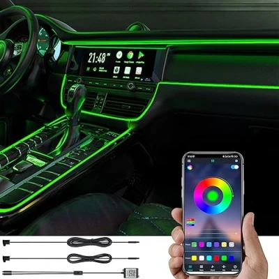 Immagine di TABEN Kit Luce Ambientale per Auto 3 m Fibra Ottica 64 Colori Controllo App Fai da Te RGB Multicolore Suono Sincronizzazione Musicale USB Illuminazione Interna con caricabatteria