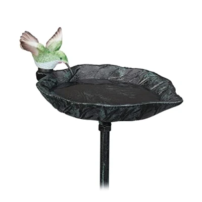 Immagine di Relaxdays Abbeveratoio per Uccellini in Ghisa, 100,5 x 13,5 19 cm, Vaschetta con Asta Acqua e Mangime, Verde Scuro