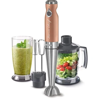 Immagine di Sencor minipimer immersione SHB 56XX, frullatore 4 in 1, elettrico con bicchiere da 800ml, tritatutto elettrico, fruste elettriche, potenza 1200w, 20 velocità (gold)