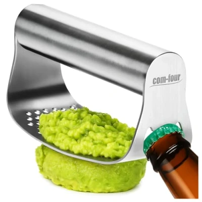 Immagine di COM FOUR® Spremiaglio set con pelapatate in silicone e spazzola per la pulizia rullo aglio taglia acciaio inossidabile (Rullo inox)