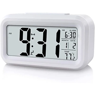 Immagine di TOSSPER Sveglia digitale con display a LED, orologio per bambini, da comodino luce notturna, batteria data, calendario, temperatura, casa, ufficio, viaggi (bianco)