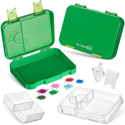 Immagine di My Vesperbox Contenitore porta pranzo per bambini, con 4 + 2 scomparti, estremamente robusto, ideale l&#039;asilo e la scuola (colore verde)