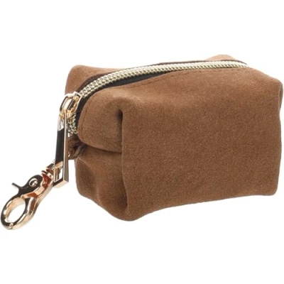 Immagine di Flamingo Sueda Poo Bag Dispenser Brown 8 x 5 cm with 1 Roll Zip and Carabiner Hook