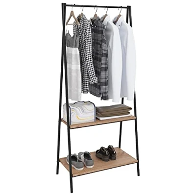 Immagine di WOLTU Stand Appendiabiti a Terra Attaccapanni Portabiti Scaffale con 2 Ripiani Scarpiera Legno Acciaio SR0066
