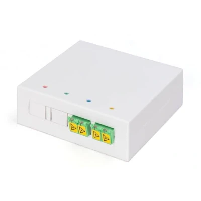 Immagine di DIGITUS Alloggiamento FTTH 2 X LC/APC Duplex con otturatore fibra monomodale Cassetta di giunzione in ottica integrata Classe protezione IP45 Montaggio a parete o guida Bianco