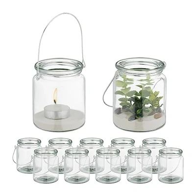 Immagine di Relaxdays Vasetti Portacandele, Set 12, Vasi in Vetro, Bicchieri Lanterne, Manico, HxD 9,5 x 8 cm, Trasparente Argentato, 80% 20% Ferro