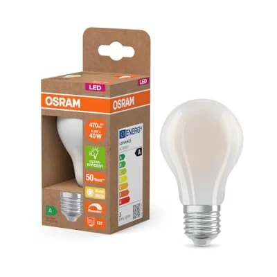 Immagine di OSRAM Energy Class nella classica forma a lampadina, 2,2 W / 470 lm, EEK A, luce bianca calda (2700 K), CRI 80, in vetro satinato senza piombo, attacco E27, IP20, diametro 60 mm, dimmerabile.