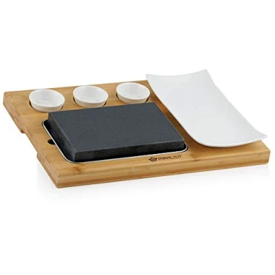 Immagine di Mahlzeit Set di pietre laviche con pietra calda, piatto e ciotole immersione su pratica tavola legno per bistecche, calda grigliate