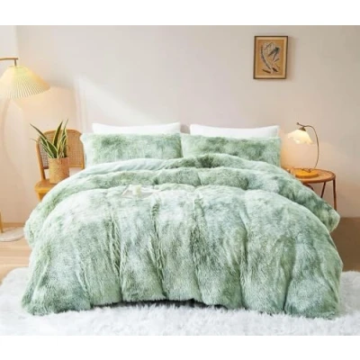 Immagine di Sacebeleu Biancheria da letto invernale 135 x 200 cm, in peluche a pelo lungo, flanella, copripiumino verde, bianco, con gradiente di colore, e 1 federa 80