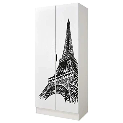 Immagine di leomark armadio bianco 70 x 42,5 161,5 cm, capiente e funzionale in legno con ante, solido appendiabiti, mobili per bambini, Torre Eiffel