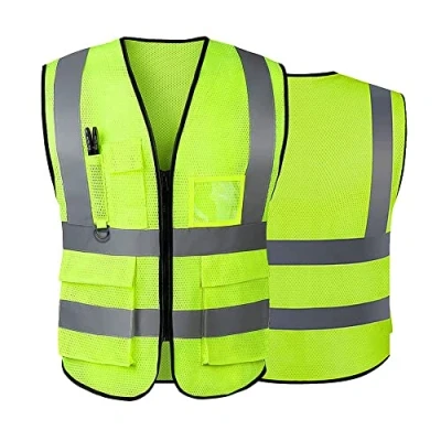 Immagine di Maglia di sicurezza per le donne uomini alta visibilità riflettente con tasche cerniera anteriore soddisfa gli standard ANSI/ISEA, Verde, 4X Large