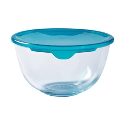 Immagine di Pyrex Classic Ciotola di vetro ad alta resistenza con coperchio, Trasparente/Blu, 0.5 L