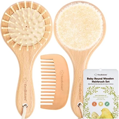 Immagine di Set Spazzola per capelli rotonda e pettine neonati in legno naturale con setole morbide di capra berretto da culla Perfetto cura cuoio capelluto