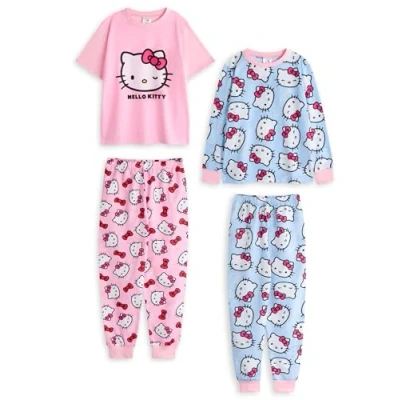 Immagine di Hello Kitty Set Pigiama per Ragazze, Confezione da 2 Top a Maniche Corte con Grafica Bianca Blu e Rosa Bambini Pantaloni Gamba Lunga Indumenti Notte Stampa Integrale