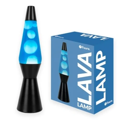 Immagine di Fisura Lampada lava blu e nera. Base nera, bianca liquido blu. retrò con lampadina di ricambio. 11,5 cm x 40 cm.