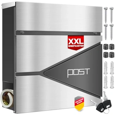 Immagine di KESSER® cassetta delle lettere con scomparto per giornali, montaggio a parete, in acciaio inox, 2 chiavi serratura, moderna postale, rotolo materiale di montaggio,