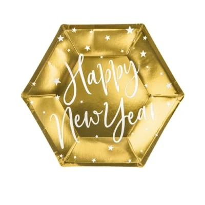 Immagine di Partydeco sp. z o.o. k. Piatti Dorati con Scritta Happy New Year Bianca e Stelle dello Stesso Colore, 6 Pezzi